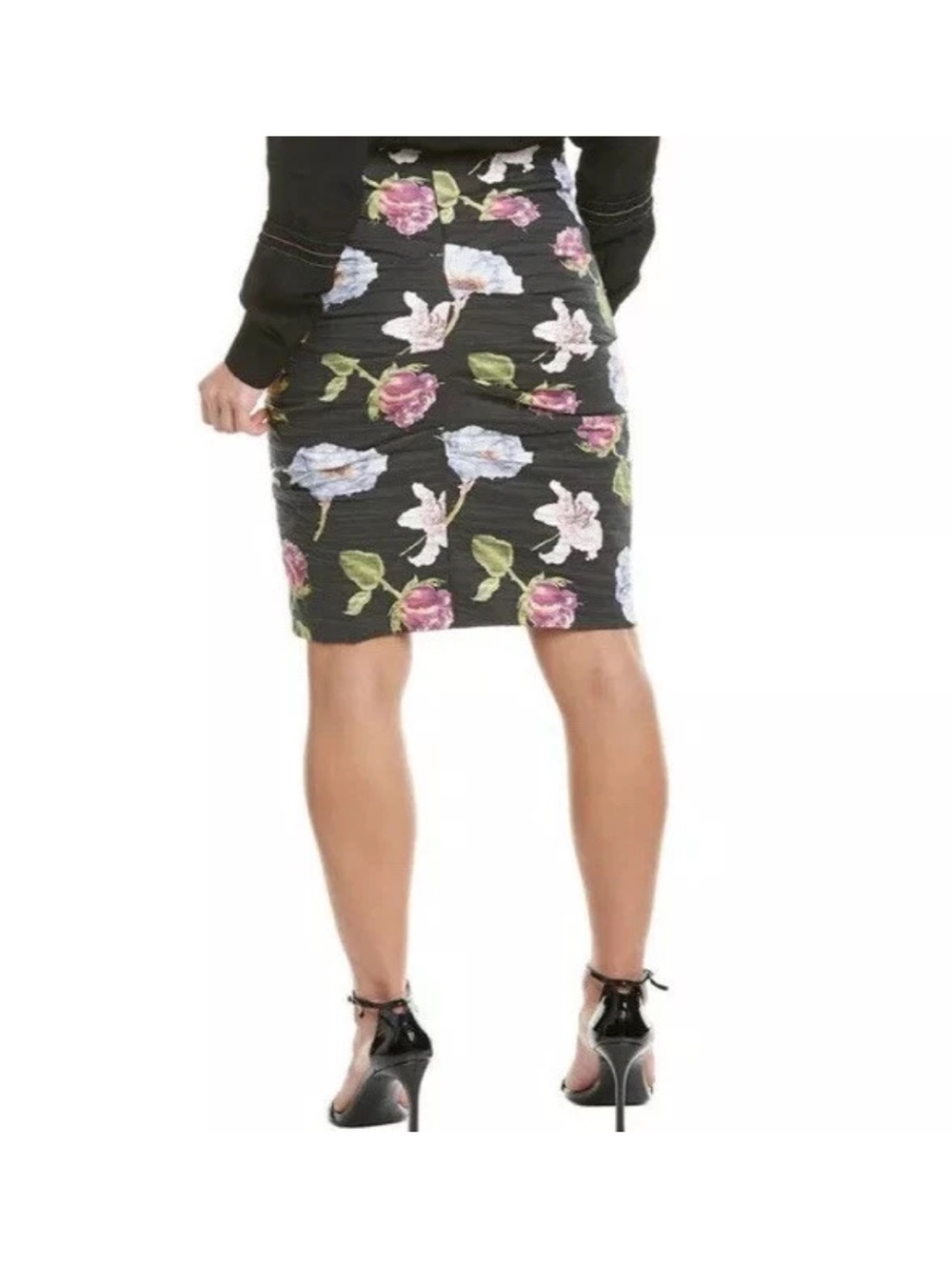 Nicole Miller Artelier Skirt Black Floral Crinkled Pencil Skirt Designer Sz 2 - Picture 2 of 11